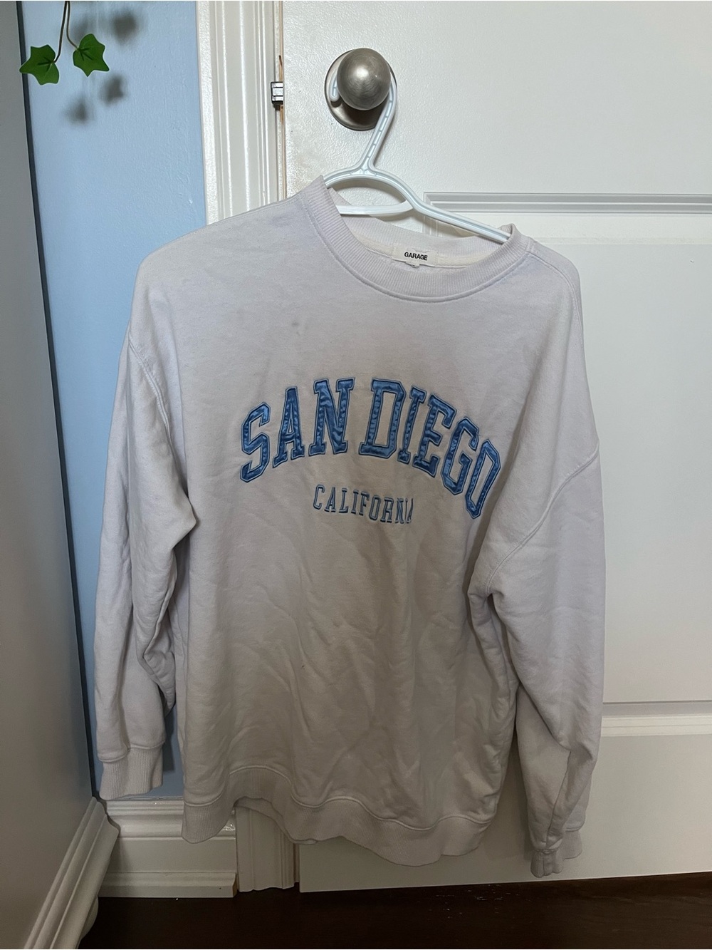 Garage White Crewneck Sweatshirt with Blue "San Diego" Graphic